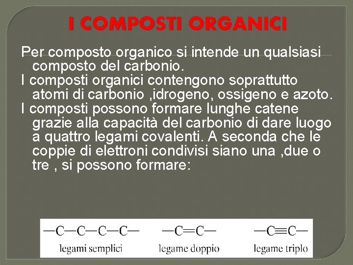 I COMPOSTI ORGANICI Per composto organico si intende un qualsiasi composto del carbonio. I
