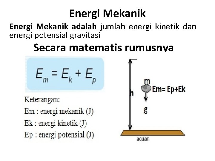 Energi Mekanik adalah jumlah energi kinetik dan energi potensial gravitasi Secara matematis rumusnya 
