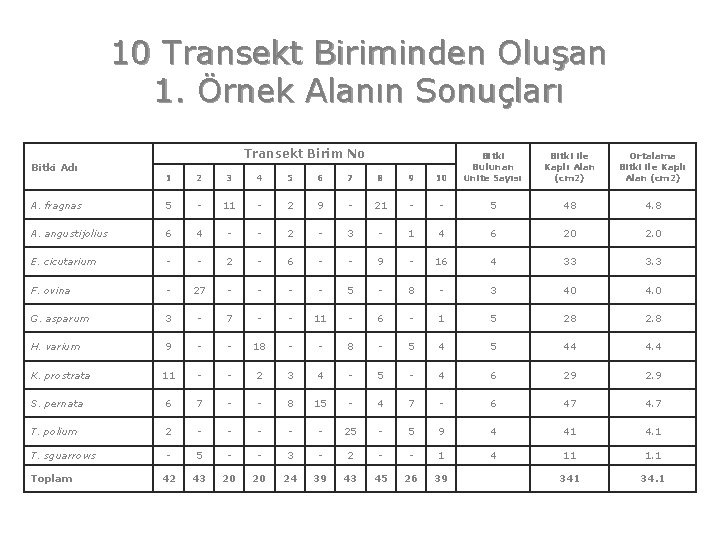 10 Transekt Biriminden Oluşan 1. Örnek Alanın Sonuçları Transekt Birim No 1 2 3