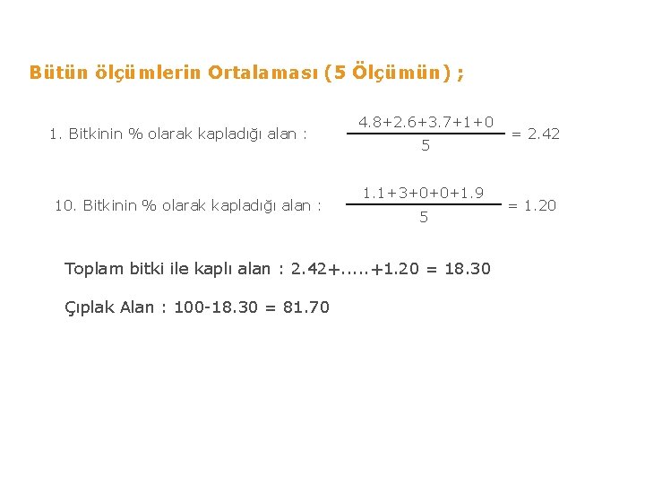 Bütün ölçümlerin Ortalaması (5 Ölçümün) ; 1. Bitkinin % olarak kapladığı alan : 10.