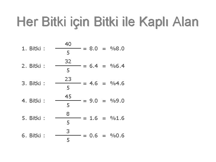 Her Bitki için Bitki ile Kaplı Alan 1. Bitki : 2. Bitki : 3.