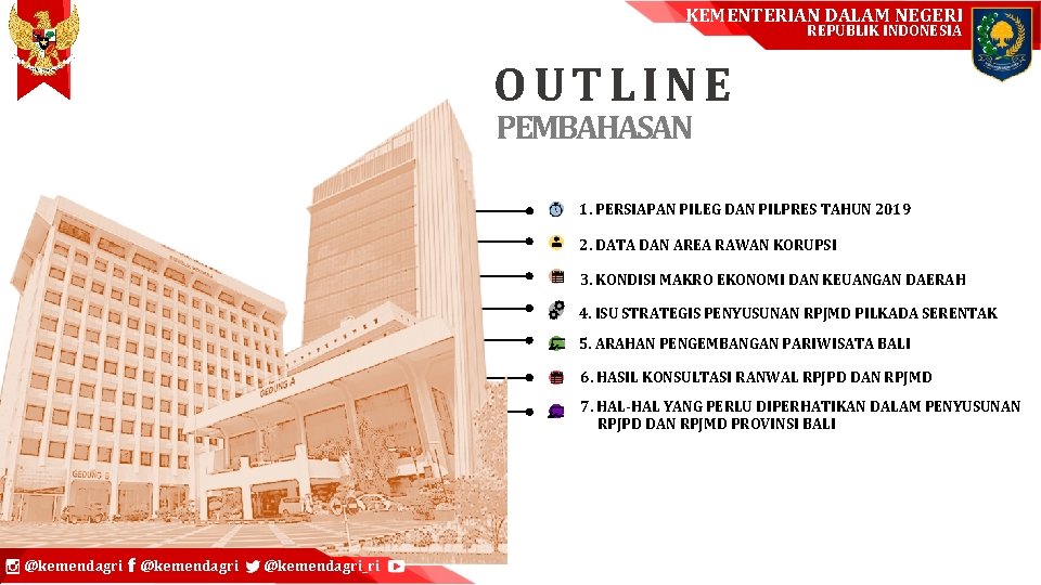 KEMENTERIAN DALAM NEGERI REPUBLIK INDONESIA OUTLINE PEMBAHASAN 1. PERSIAPAN PILEG DAN PILPRES TAHUN 2019