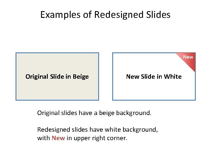 Examples of Redesigned Slides New Original Slide in Beige New Slide in White Original