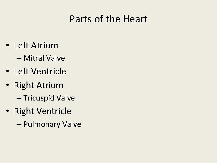 Parts of the Heart • Left Atrium – Mitral Valve • Left Ventricle •