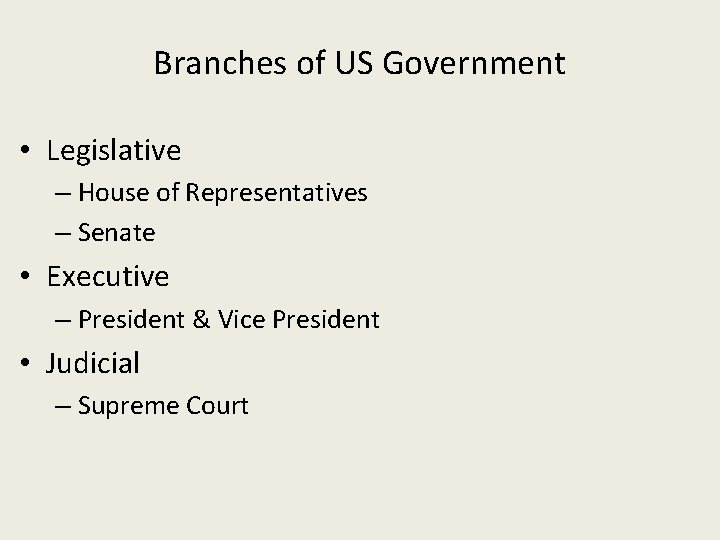 Branches of US Government • Legislative – House of Representatives – Senate • Executive