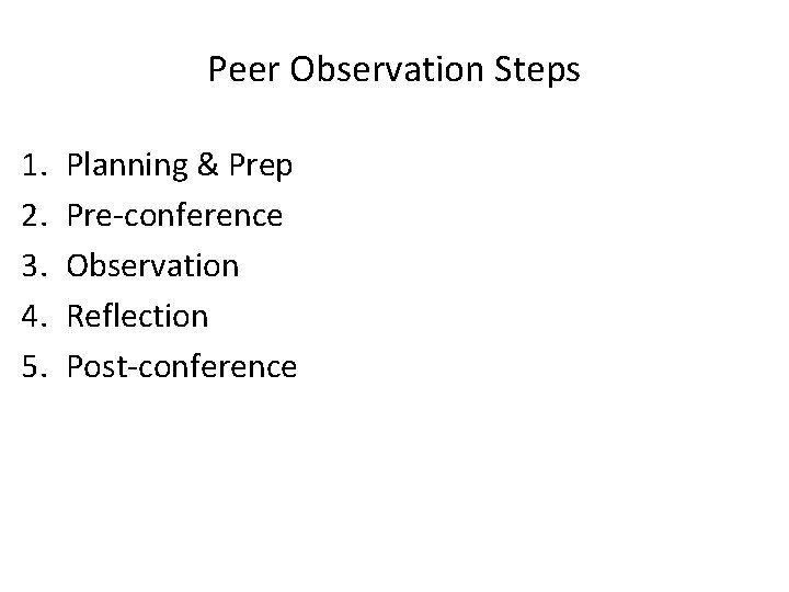 Peer Observation Steps 1. 2. 3. 4. 5. Planning & Prep Pre-conference Observation Reflection