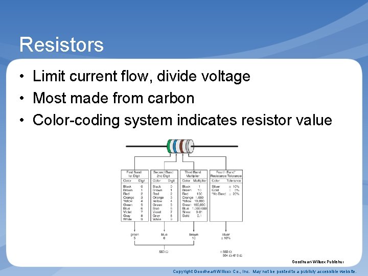 Resistors • Limit current flow, divide voltage • Most made from carbon • Color-coding Resistors • Limit current flow, divide voltage • Most made from carbon • Color-coding