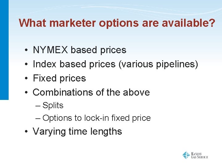 What marketer options are available? • • NYMEX based prices Index based prices (various