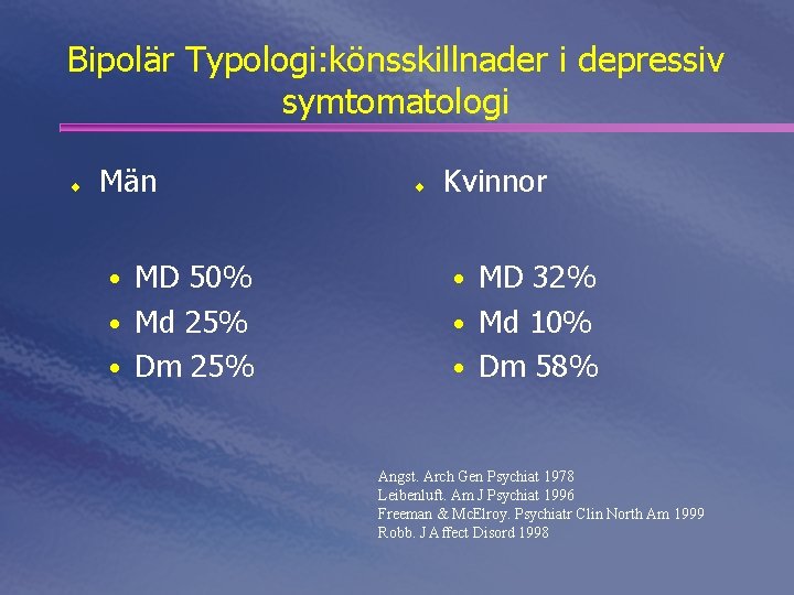 Bipolär Typologi: könsskillnader i depressiv symtomatologi ¨ Män ¨ Kvinnor • MD 50% •