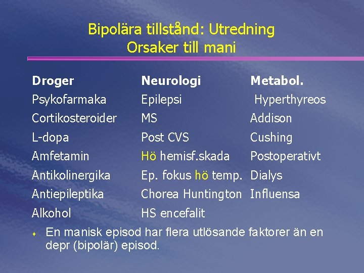 Bipolära tillstånd: Utredning Orsaker till mani Droger Neurologi Psykofarmaka Epilepsi Cortikosteroider MS Addison L-dopa