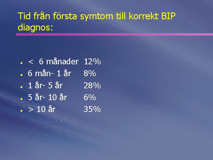Tid från första symtom till korrekt BIP diagnos: ¨ ¨ ¨ < 6 månader