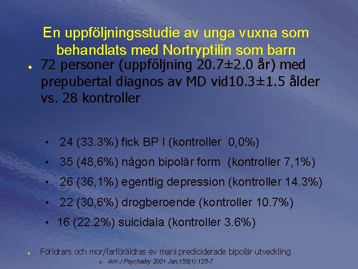 ¨ En uppföljningsstudie av unga vuxna som behandlats med Nortryptilin som barn 72 personer