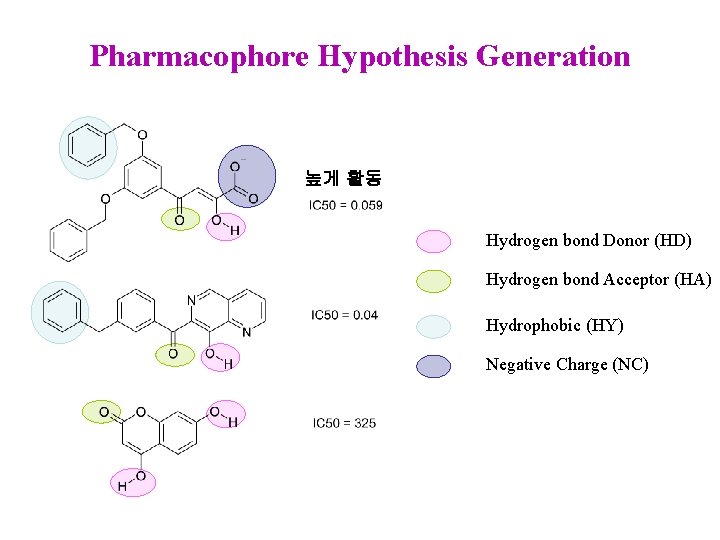 Pharmacophore Hypothesis Generation 높게 활동 Hydrogen bond Donor (HD) Hydrogen bond Acceptor (HA) Hydrophobic