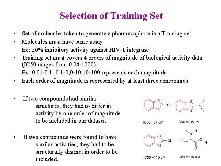Selection of Training Set • Set of molecules taken to generate a pharmacophore is
