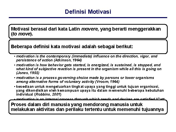 Definisi Motivasi berasal dari kata Latin movere, yang berarti menggerakkan (to move). Beberapa definisi