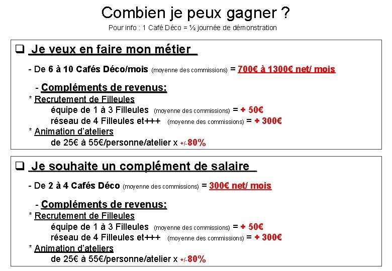 Combien je peux gagner ? Pour info : 1 Café Déco = ½ journée