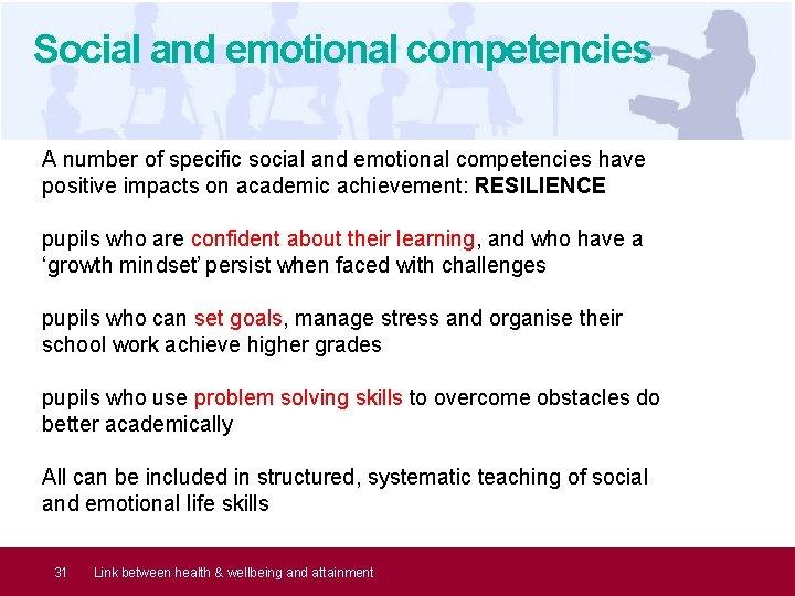 Social and emotional competencies A number of specific social and emotional competencies have positive