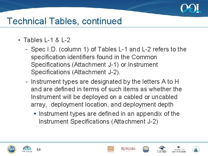 Technical Tables, continued • Tables L-1 & L-2 - Spec I. D. (column 1)