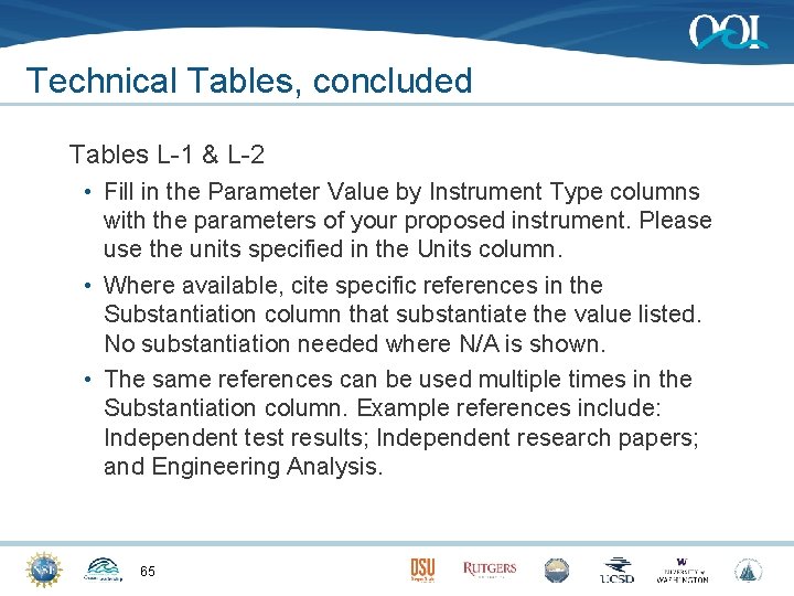 Technical Tables, concluded Tables L-1 & L-2 • Fill in the Parameter Value by
