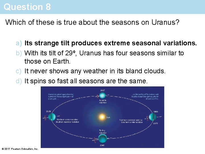 Question 8 Which of these is true about the seasons on Uranus? a) Its
