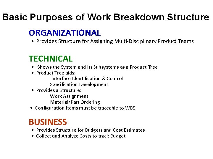 Basic Purposes of Work Breakdown Structure ORGANIZATIONAL • Provides Structure for Assigning Multi-Disciplinary Product