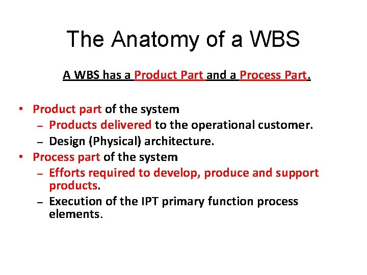The Anatomy of a WBS A WBS has a Product Part and a Process