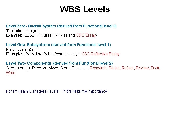 WBS Levels Level Zero- Overall System (derived from Functional level 0) The entire Program