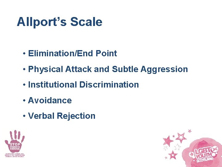 Allport’s Scale • Elimination/End Point • Physical Attack and Subtle Aggression • Institutional Discrimination