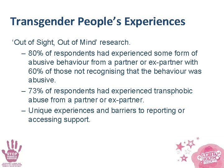 Transgender People’s Experiences ‘Out of Sight, Out of Mind’ research. – 80% of respondents