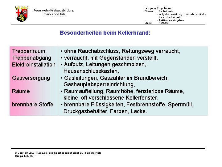 Lehrgang: Truppführer Thema: Löscheinsatz - Aufgabenverteilung innerhalb der Staffel beim Löscheinsatz - Taktisches Vorgehen
