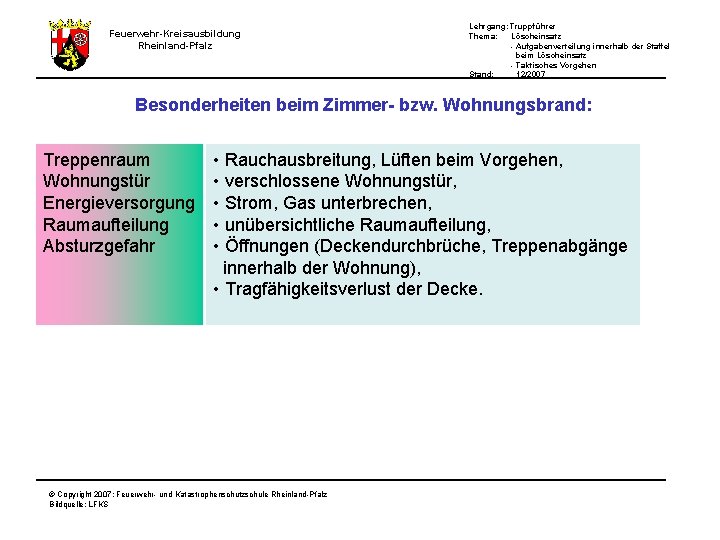 Lehrgang: Truppführer Thema: Löscheinsatz - Aufgabenverteilung innerhalb der Staffel beim Löscheinsatz - Taktisches Vorgehen