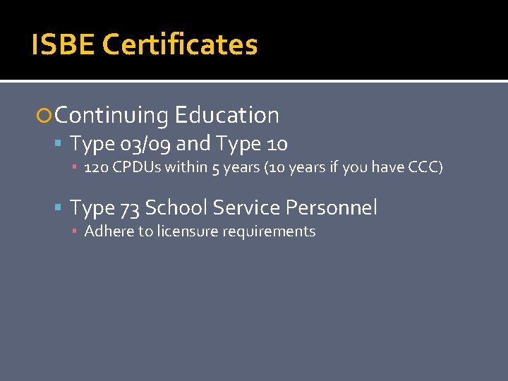 ISBE Certificates Continuing Education Type 03/09 and Type 10 ▪ 120 CPDUs within 5