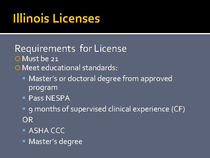 Illinois Licenses Requirements for License Must be 21 Meet educational standards: Master’s or doctoral