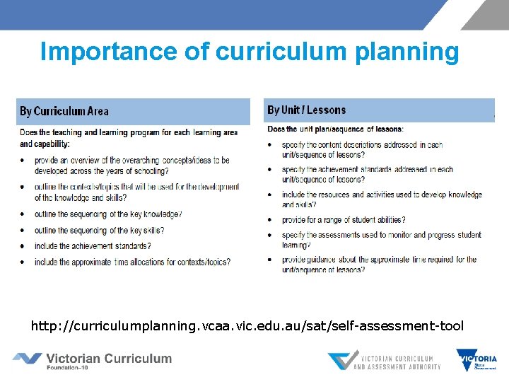 Importance of curriculum planning http: //curriculumplanning. vcaa. vic. edu. au/sat/self-assessment-tool 