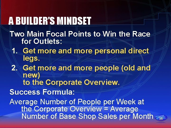 A BUILDER’S MINDSET Two Main Focal Points to Win the Race for Outlets: 1.