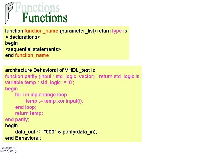 function_name (parameter_list) return type is < declarations> begin <sequential statements> end function_name architecture Behavioral