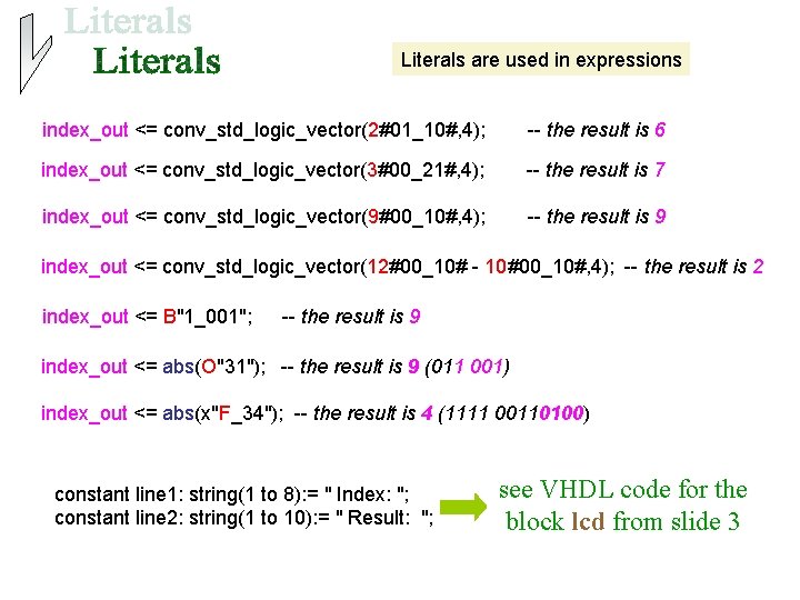 Literals are used in expressions index_out <= conv_std_logic_vector(2#01_10#, 4); -- the result is 6