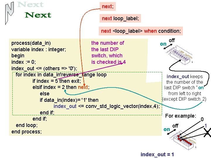 next; next loop_label; next <loop_label> when condition; off process(data_in) the number of on variable