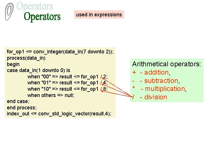 used in expressions for_op 1 <= conv_integer(data_in(7 downto 2)); process(data_in) begin case data_in(1 downto