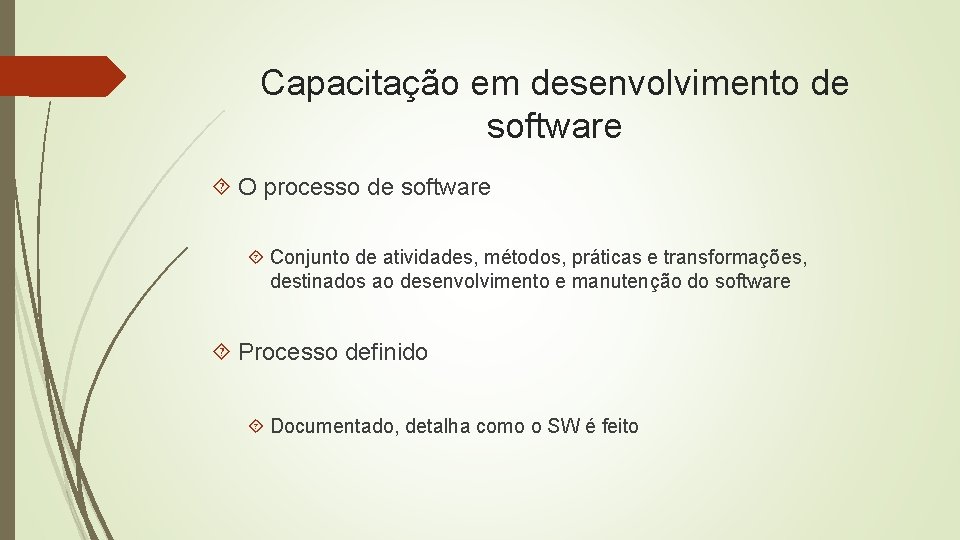 Capacitação em desenvolvimento de software O processo de software Conjunto de atividades, métodos, práticas