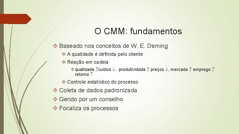 O CMM: fundamentos Baseado nos conceitos de W. E. Deming A qualidade é definida