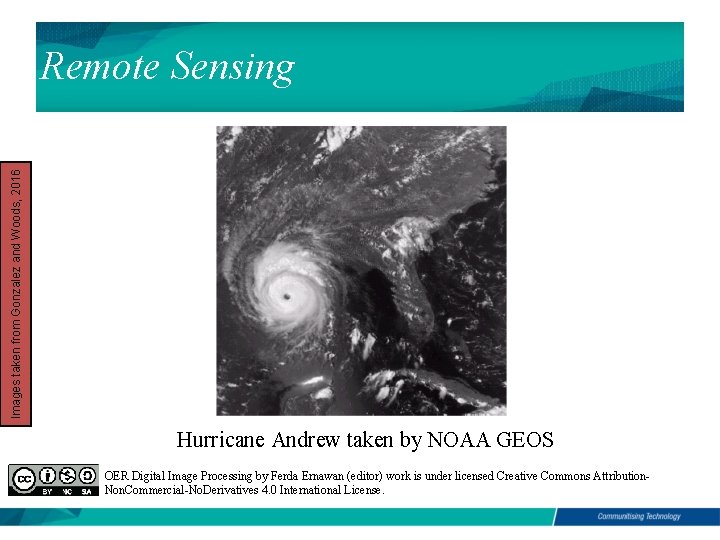 Images taken from Gonzalez and Woods, 2016 Remote Sensing Hurricane Andrew taken by NOAA