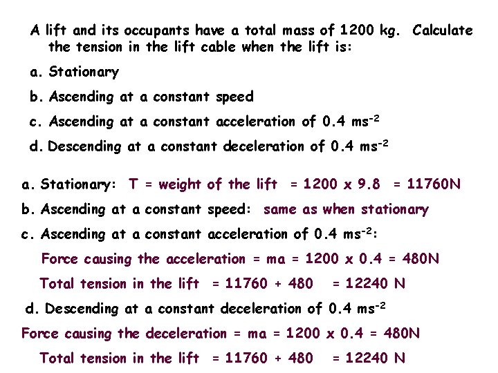 A lift and its occupants have a total mass of 1200 kg. Calculate the