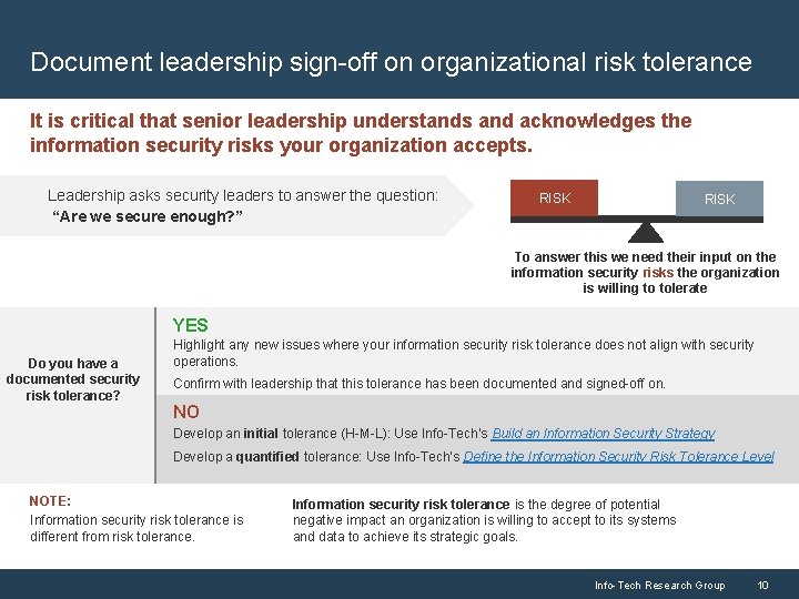 Document leadership sign-off on organizational risk tolerance It is critical that senior leadership understands