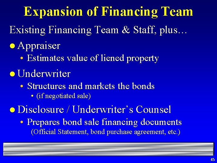 Expansion of Financing Team Existing Financing Team & Staff, plus… l Appraiser • Estimates