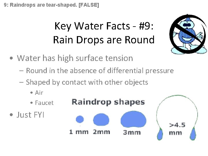 9: Raindrops are tear-shaped. [FALSE] Key Water Facts - #9: Rain Drops are Round