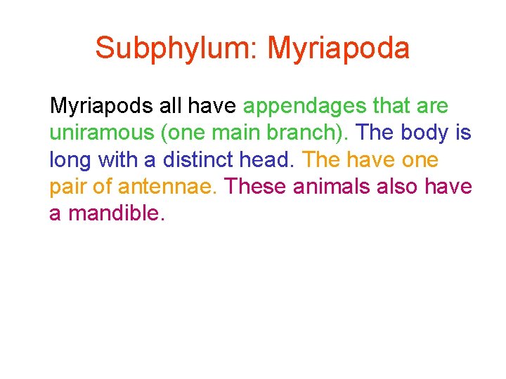 Subphylum: Myriapoda Myriapods all have appendages that are uniramous (one main branch). The body