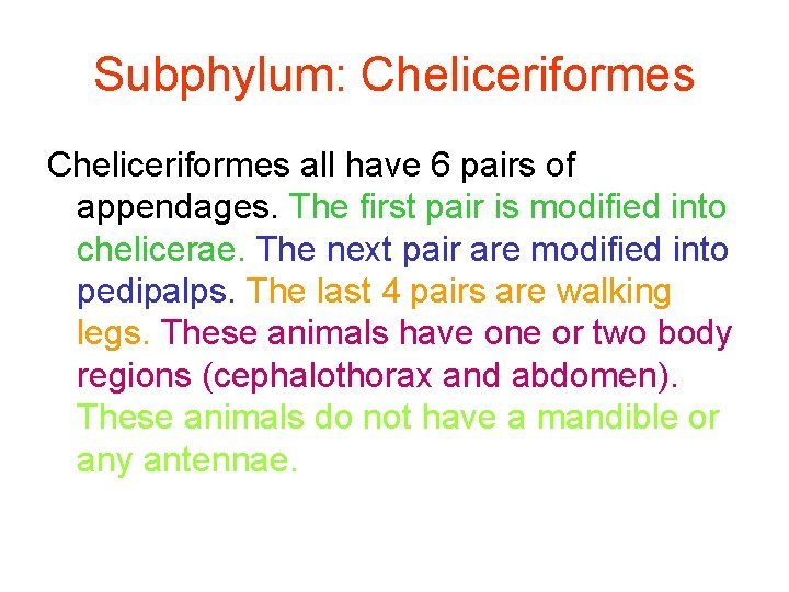 Subphylum: Cheliceriformes all have 6 pairs of appendages. The first pair is modified into