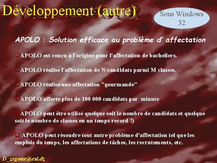 Développement (autre) Sous Windows 32 develop APOLO : Solution efficace au problème d’ affectation