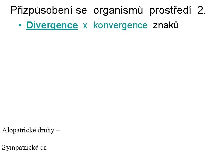 Přizpůsobení se organismů prostředí 2. • Divergence x konvergence znaků Alopatrické druhy – Sympatrické